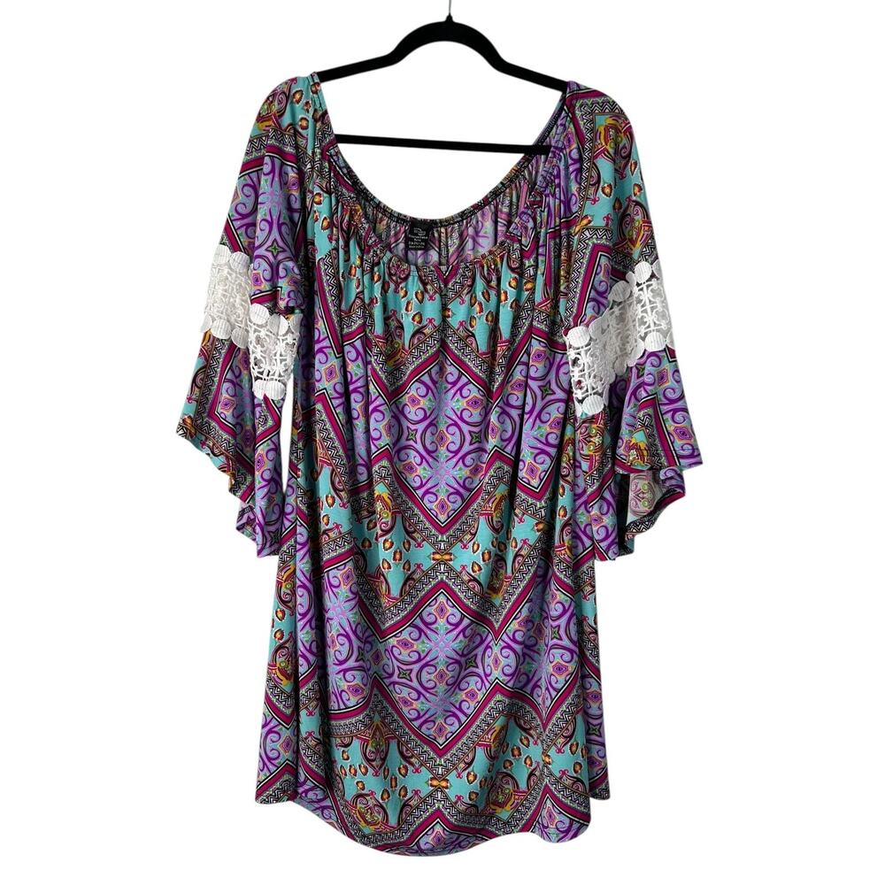 Win Win Pinwheel Sleeve Tunic Size 2XL-3XL Boho Peasant Off Shoulder Multicolor